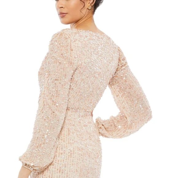 MAC DUGGAL 10764 BLOUSON SLEEVE SEQUINED SURPLICE NUDE MIDI DRESS sz 8 - Picture 4 of 4